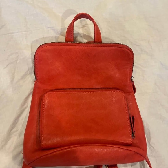 Joy Susan Red Vegan Leather Mini Backpack Double Zip Damask Lining